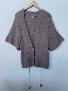 Smitten | Linen Cotton Taupe Short Sleeve Knit Sweater Buttons Tassels Pockets